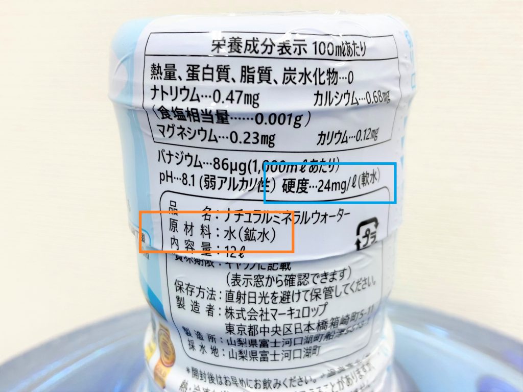 栄養成分表示ラベル　原材料名：水（鉱水）